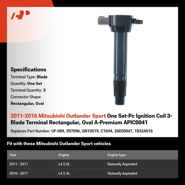 2011-2016 Mitsubishi Outlander Sport One Set-Pc Ignition Coil 3-Blade Terminal Rectangular, Oval A-Premium APIC0041