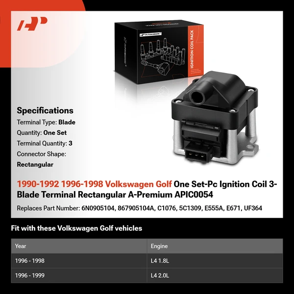 1990-1992 1996-1998 Volkswagen Golf One Set-Pc Ignition Coil 3-Blade Terminal Rectangular A-Premium APIC0054