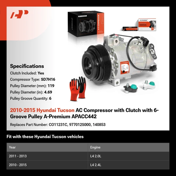 2010-2015 Hyundai Tucson AC Compressor with Clutch with 6-Groove Pulley A-Premium APACC442