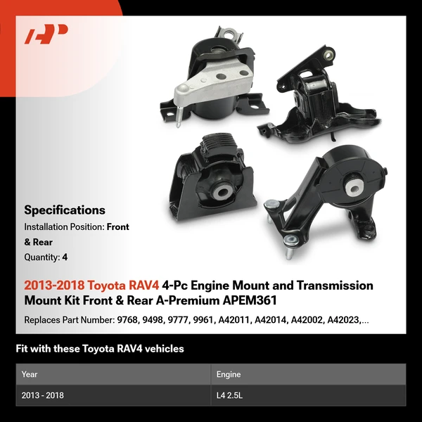 2013-2018 Toyota RAV4 4-Pc Engine Mount and Transmission Mount Kit Front & Rear A-Premium APEM361