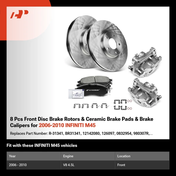 8 Pcs Front Disc Brake Rotors & Ceramic Brake Pads & Brake Calipers for 2006-2010 INFINITI M45