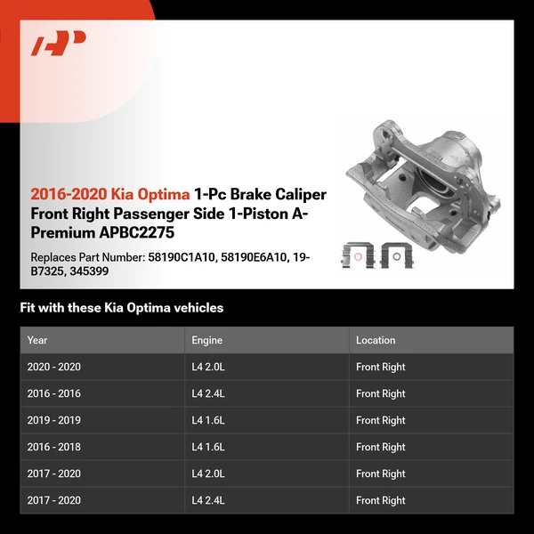 2016-2020 Kia Optima 1-Pc Brake Caliper Front Right Passenger Side 1-Piston A-Premium APBC2275