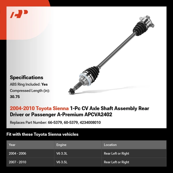 2004-2010 Toyota Sienna 1-Pc CV Axle Shaft Assembly Rear Driver or Passenger A-Premium APCVA2402