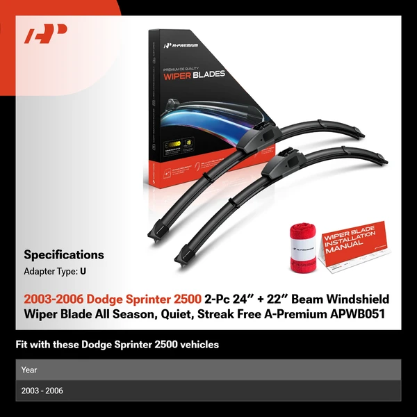 2003-2006 Dodge Sprinter 2500 2-Pc 24″ + 22″ Beam Windshield Wiper Blade All Season, Quiet, Streak Free A-Premium APWB051