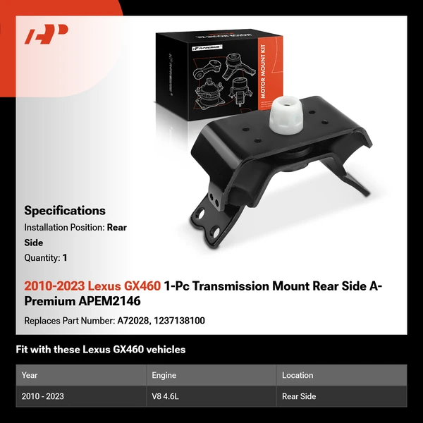 2010-2023 Lexus GX460 1-Pc Transmission Mount Rear Side A-Premium APEM2146