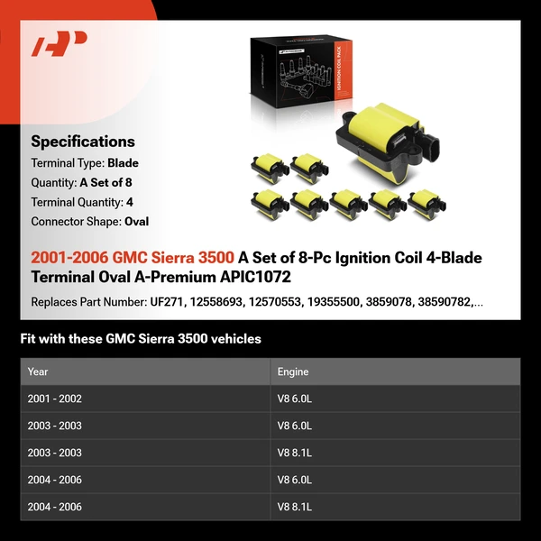 2001-2006 GMC Sierra 3500 A Set of 8-Pc Ignition Coil 4-Blade Terminal Oval A-Premium APIC1072