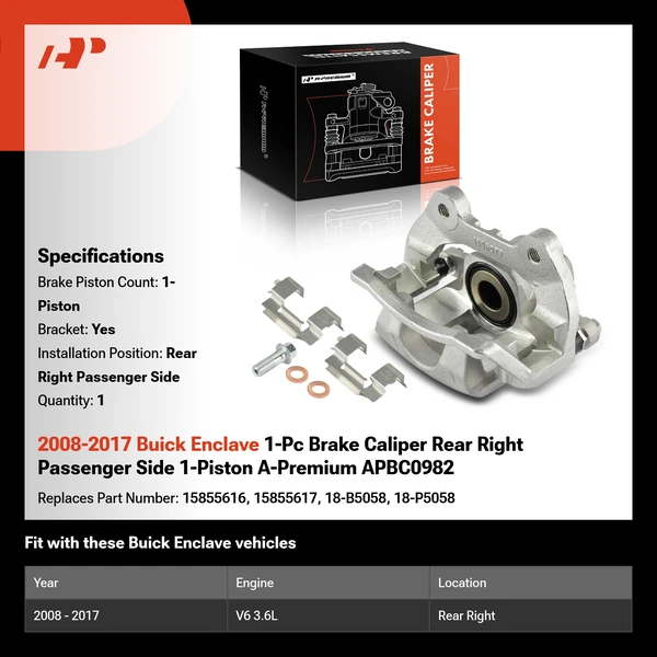 2008-2017 Buick Enclave 1-Pc Brake Caliper Rear Right Passenger Side 1-Piston A-Premium APBC0982