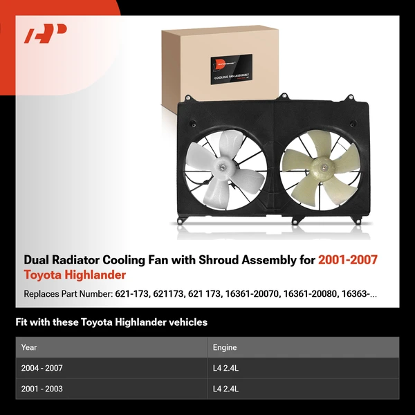 Dual Radiator Cooling Fan with Shroud Assembly for 2001-2007 Toyota Highlander