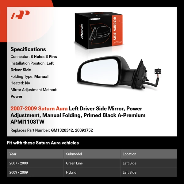 2007-2009 Saturn Aura Left Driver Side Mirror, Power Adjustment, Manual Folding, Primed Black A-Premium APMI1103TW
