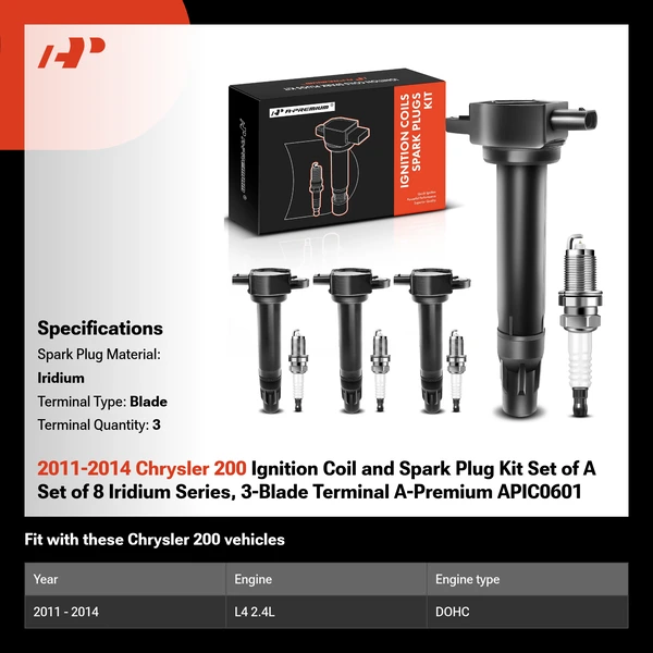 2011-2014 Chrysler 200 Ignition Coil and Spark Plug Kit Set of A Set of 8 Iridium Series, 3-Blade Terminal A-Premium APIC0601