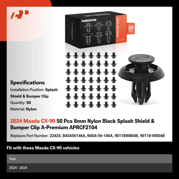 2024 Mazda CX-90 50 Pcs 8mm Nylon Black Splash Shield & Bumper Clip A-Premium APRCF2104