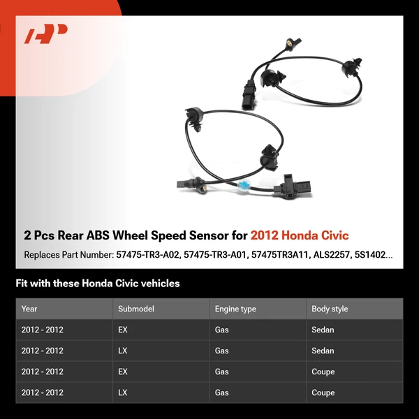 2 Pcs Rear ABS Wheel Speed Sensor for 2012 Honda Civic