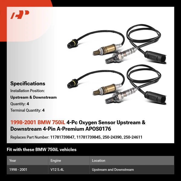 1998-2001 BMW 750iL 4-Pc Oxygen Sensor Upstream & Downstream 4-Pin A-Premium APOS0176
