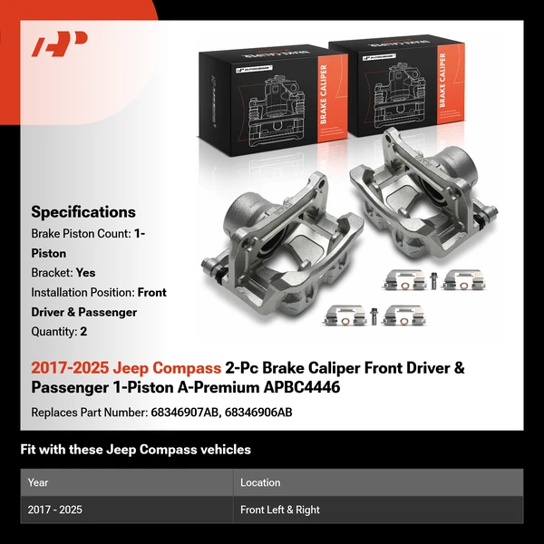 2017-2025 Jeep Compass 2-Pc Brake Caliper Front Driver & Passenger 1-Piston A-Premium APBC4446