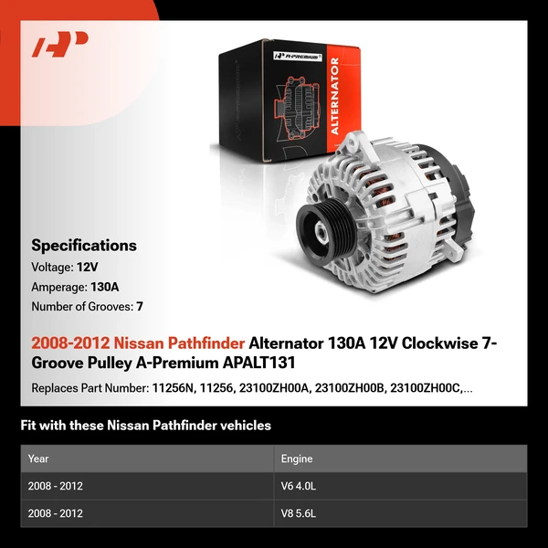 2008-2012 Nissan Pathfinder Alternator 130A 12V Clockwise 7-Groove Pulley A-Premium APALT131