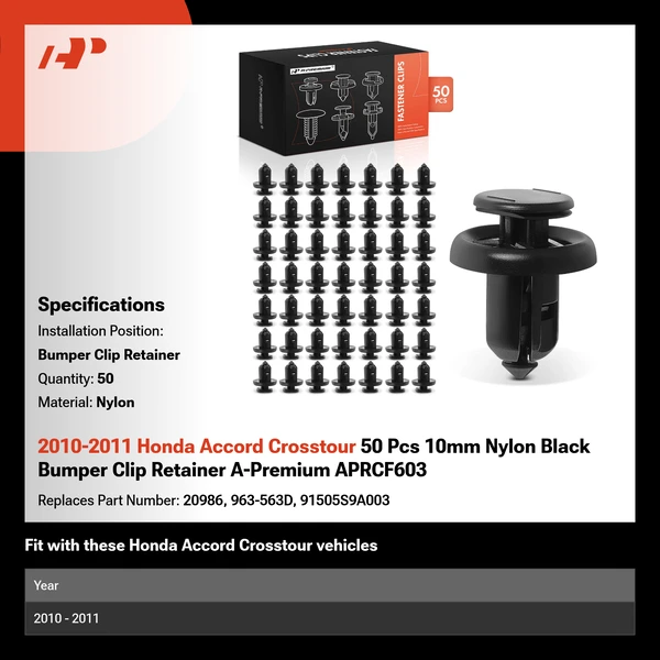 2010-2011 Honda Accord Crosstour 50 Pcs 10mm Nylon Black Bumper Clip Retainer A-Premium APRCF603