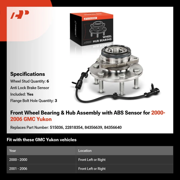 Front Wheel Bearing & Hub Assembly with ABS Sensor for 2000-2006 GMC Yukon