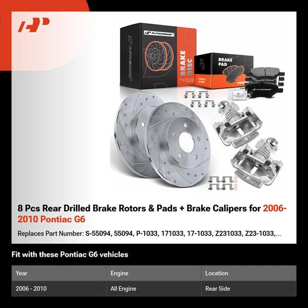 8 Pcs Rear Drilled Brake Rotors & Pads + Brake Calipers for 2006-2010 Pontiac G6