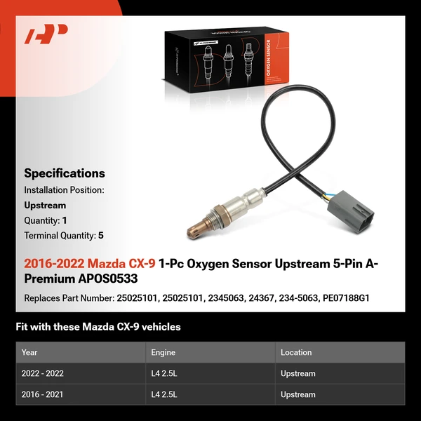 2016-2022 Mazda CX-9 1-Pc Oxygen Sensor Upstream 5-Pin A-Premium APOS0533