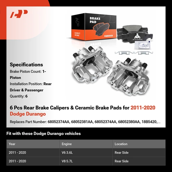 6 Pcs Rear Brake Calipers & Ceramic Brake Pads for 2011-2020 Dodge Durango
