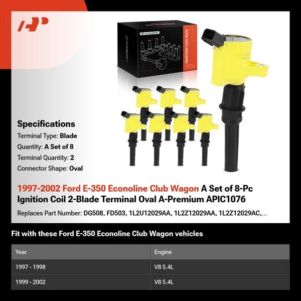 1997-2002 Ford E-350 Econoline Club Wagon A Set of 8-Pc Ignition Coil 2-Blade Terminal Oval A-Premium APIC1076