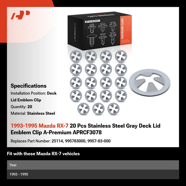 1993-1995 Mazda RX-7 20 Pcs Stainless Steel Gray Deck Lid Emblem Clip A-Premium APRCF3078