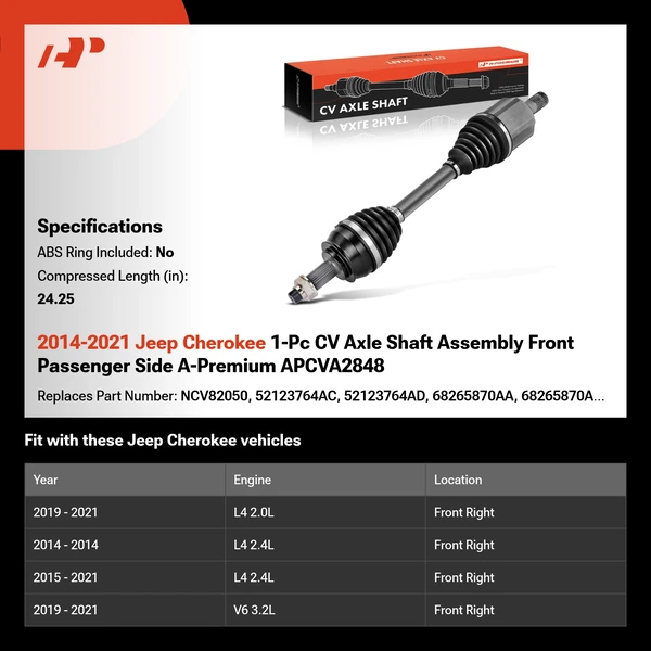 2014-2021 Jeep Cherokee 1-Pc CV Axle Shaft Assembly Front Passenger Side A-Premium APCVA2848