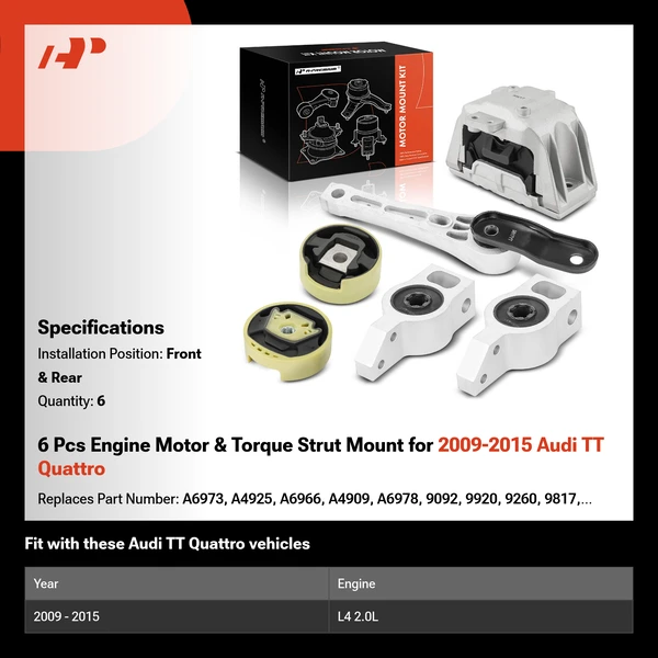 2009-2015 Audi TT Quattro 6-Pc Engine Mount and Transmission Mount Kit Front & Rear A-Premium APEM1237