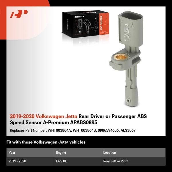 2019-2020 Volkswagen Jetta Rear Driver or Passenger ABS Speed Sensor A-Premium APABS0895