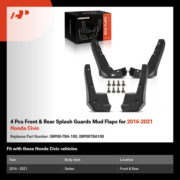 4 Pcs Front & Rear Splash Guards Mud Flaps for 2016-2021 Honda Civic