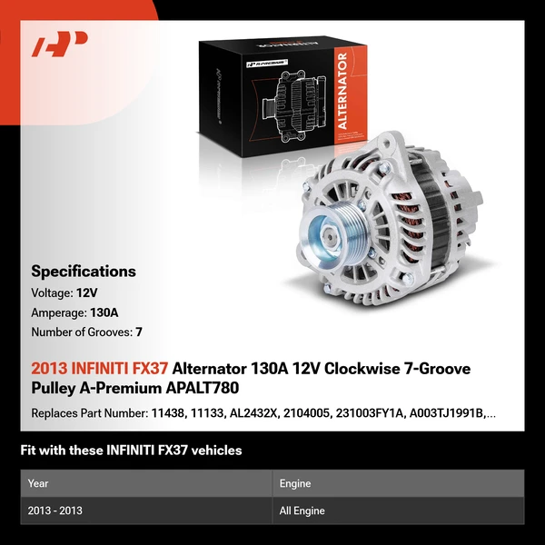 2013 INFINITI FX37 Alternator 130A 12V Clockwise 7-Groove Pulley A-Premium APALT780