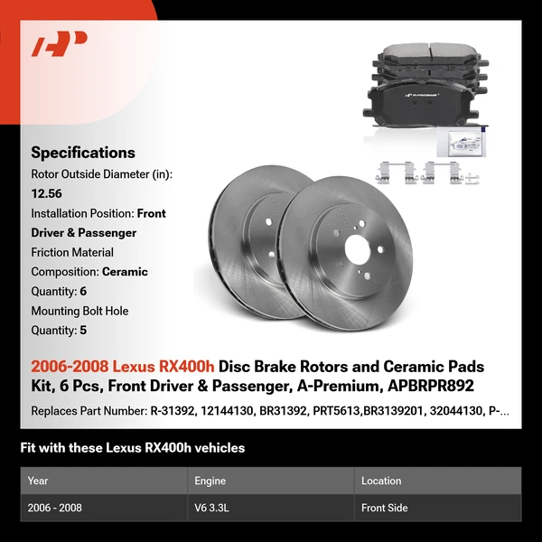 2006-2008 Lexus RX400h Disc Brake Rotors and Ceramic Pads Kit, 6 Pcs, Front Driver & Passenger, A-Premium, APBRPR892
