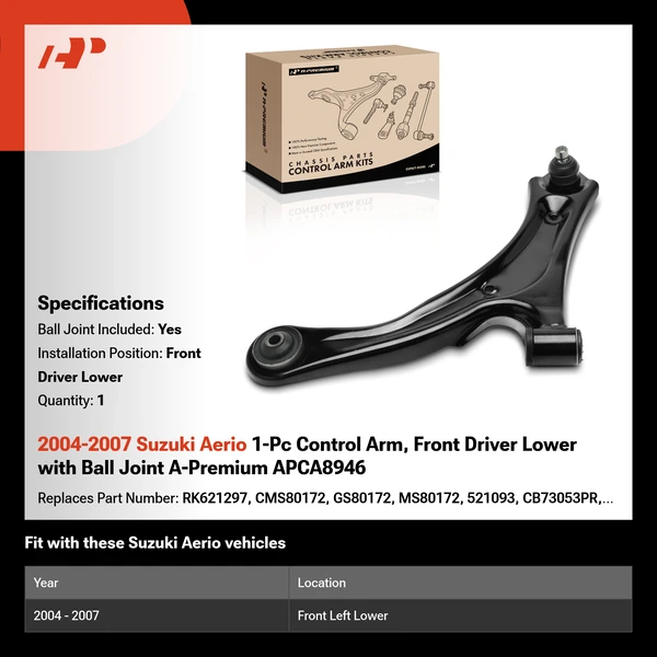 2004-2007 Suzuki Aerio 1-Pc Control Arm, Front Driver Lower with Ball Joint A-Premium APCA8946
