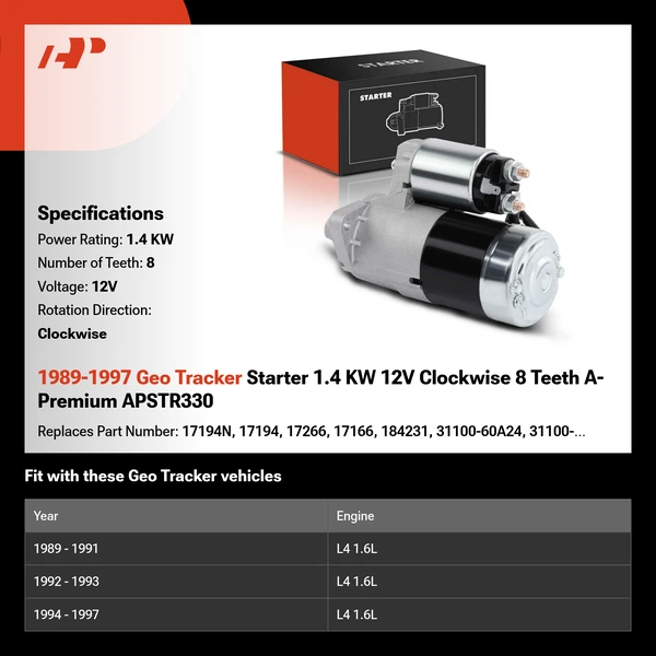 1989-1997 Geo Tracker Starter 1.4 KW 12V Clockwise 8 Teeth A-Premium APSTR330