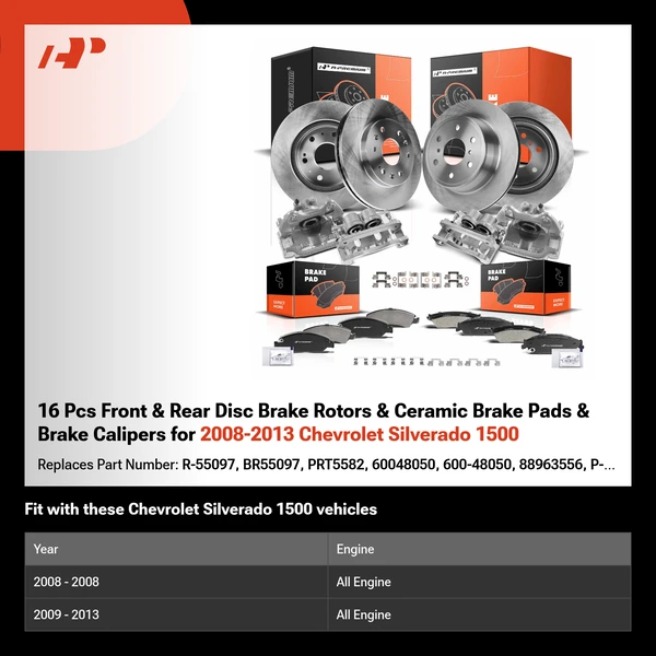 16 Pcs Front & Rear Disc Brake Rotors & Ceramic Brake Pads & Brake Calipers for 2008-2013 Chevrolet Silverado 1500