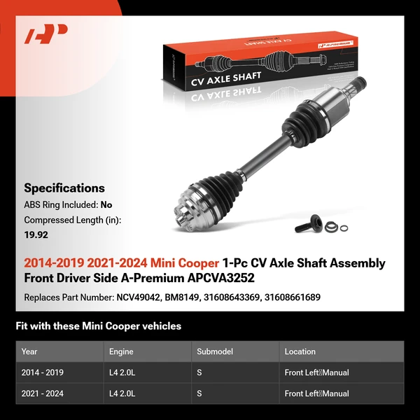 2014-2019 2021-2024 Mini Cooper 1-Pc CV Axle Shaft Assembly Front Driver Side A-Premium APCVA3252