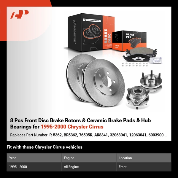 8 Pcs Front Disc Brake Rotors & Ceramic Brake Pads & Hub Bearings for 1995-2000 Chrysler Cirrus