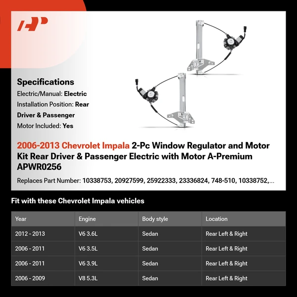2006-2013 Chevrolet Impala 2-Pc Window Regulator and Motor Kit Rear Driver & Passenger Electric with Motor A-Premium APWR0256