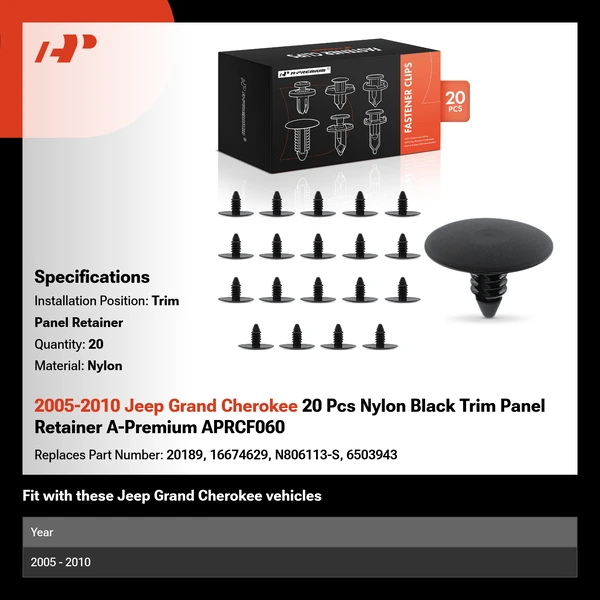 2005-2010 Jeep Grand Cherokee 20 Pcs Nylon Black Trim Panel Retainer A-Premium APRCF060