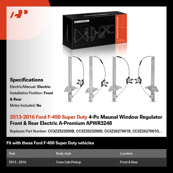 2013-2016 Ford F-450 Super Duty 4-Pc Maunal Window Regulator Front & Rear Electric A-Premium APWR3248