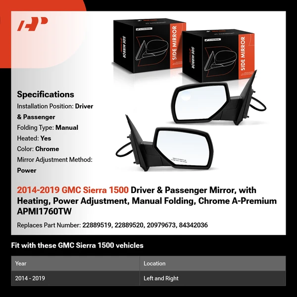 2014-2019 GMC Sierra 1500 Driver & Passenger Mirror, with Heating, Power Adjustment, Manual Folding, Chrome A-Premium APMI1760TW