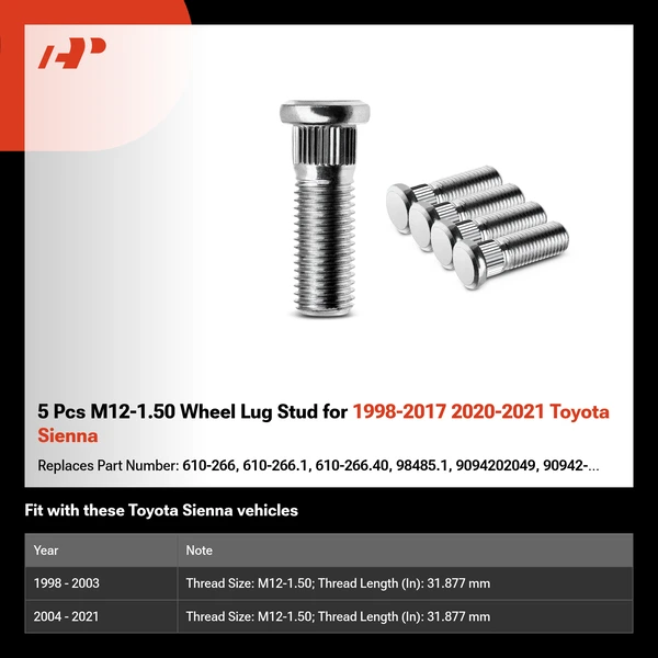5 Pcs M12-1.50 Wheel Lug Stud for 1998-2017 2020-2021 Toyota Sienna