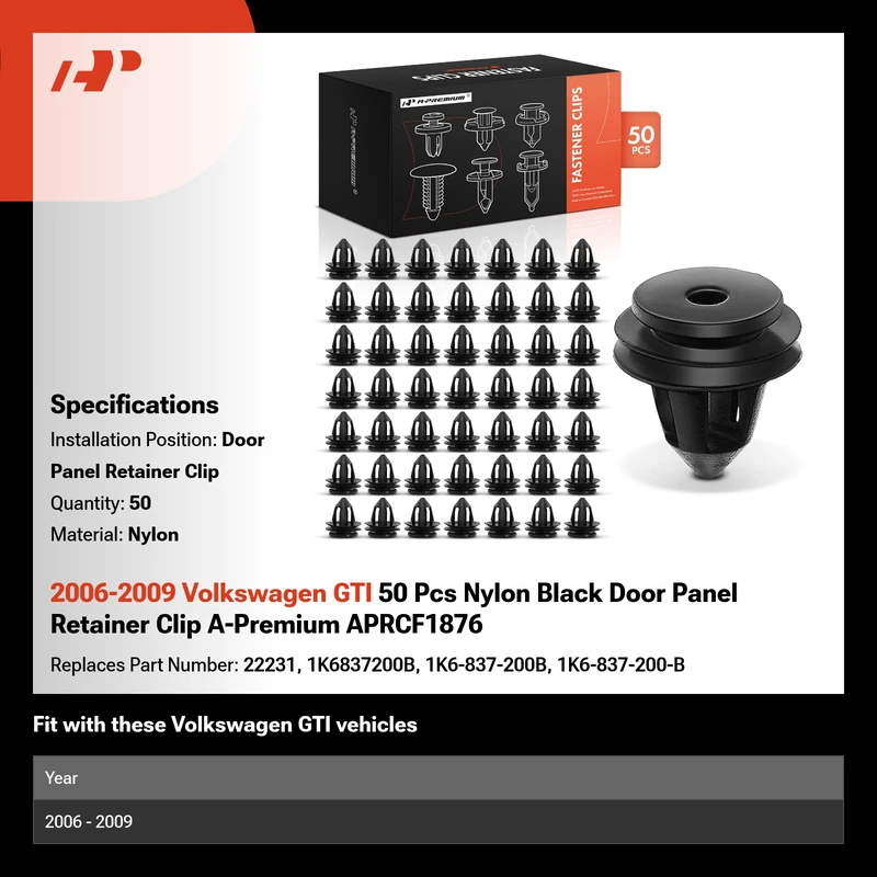 2006-2009 Volkswagen GTI 50 Pcs Nylon Black Door Panel Retainer Clip A-Premium APRCF1876
