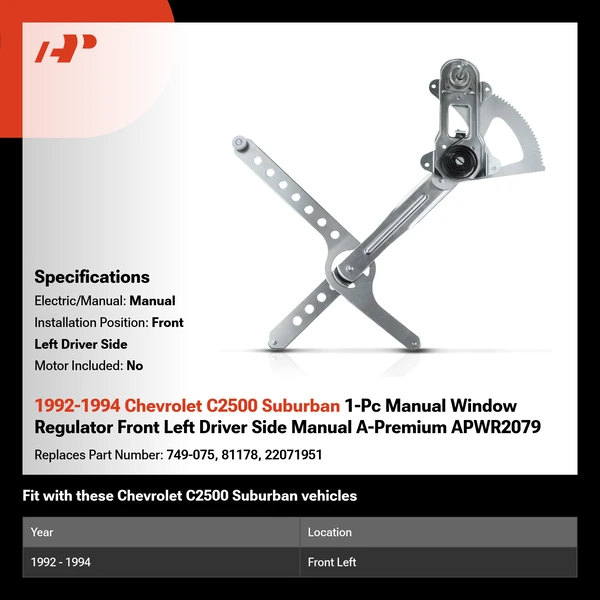 1992-1994 Chevrolet C2500 Suburban 1-Pc Manual Window Regulator Front Left Driver Side Manual A-Premium APWR2079