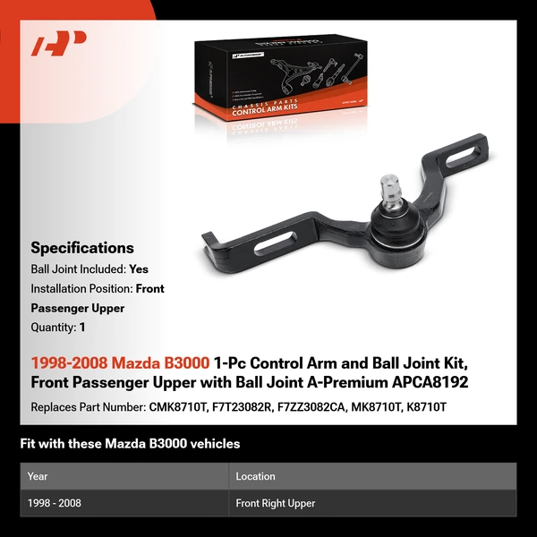 1998-2008 Mazda B3000 1-Pc Control Arm and Ball Joint Kit, Front Passenger Upper with Ball Joint A-Premium APCA8192
