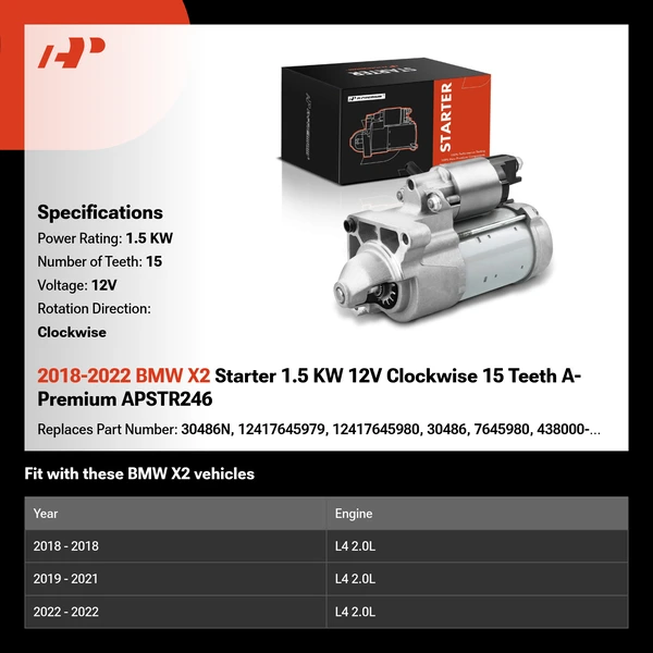 2018-2022 BMW X2 Starter 1.5 KW 12V Clockwise 15 Teeth A-Premium APSTR246