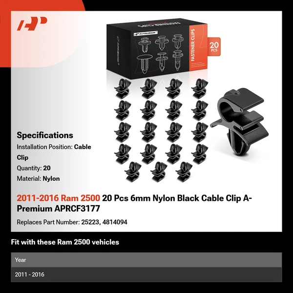 2011-2016 Ram 2500 20 Pcs 6mm Nylon Black Cable Clip A-Premium APRCF3177