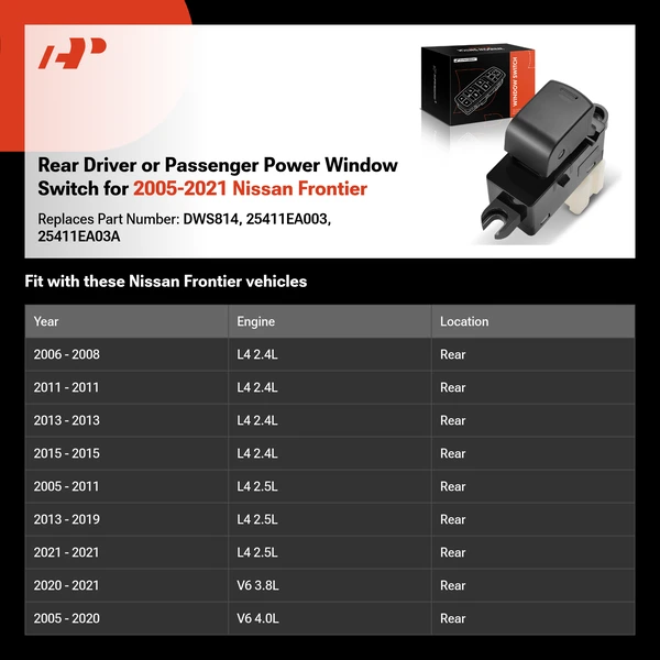 Rear Driver or Passenger Power Window Switch for 2005-2021 Nissan Frontier
