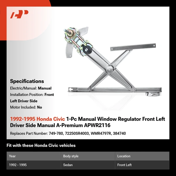 1992-1995 Honda Civic 1-Pc Manual Window Regulator Front Left Driver Side Manual A-Premium APWR2116