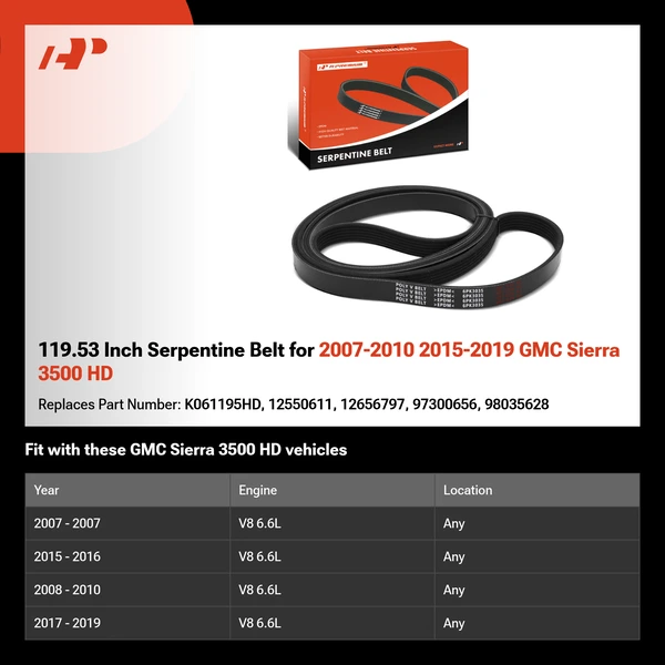 119.53 Inch Serpentine Belt for 2007-2010 2015-2019 GMC Sierra 3500 HD